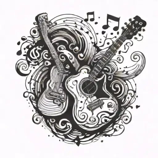 Incorporate A Smoking Exhaust Pipe Morphing Into A Guitar Neck With Music Notes Swirling Around