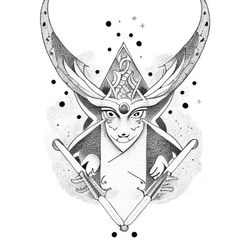 A Dotwork Tattoo Of A Mythological Creature Playing A Guitar Under A Starry Sky