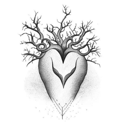 A Dotwork Tattoo Of A Tree With Roots Spreading Into The Shape Of A Heart