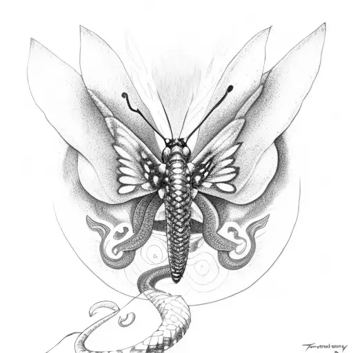 Butterfly With Wing On Fire With A Snake Wrapped Around Its Core