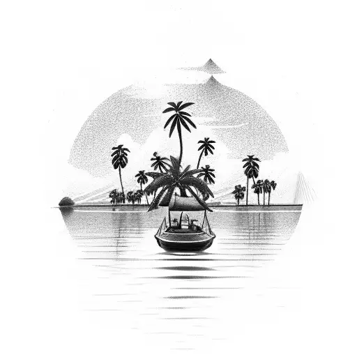 A Boat In A Shollow Body Of Water With 2 People Walking Towards It With Palm Trees