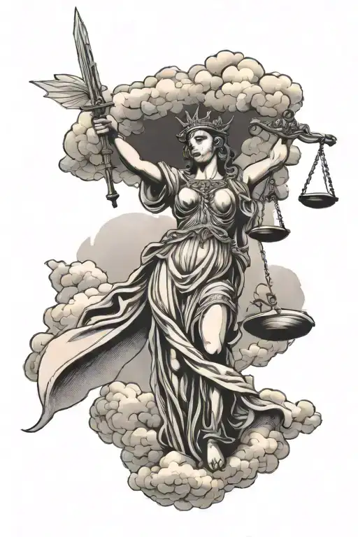 Lady Justice With Sword And Scale With Clouds Behind