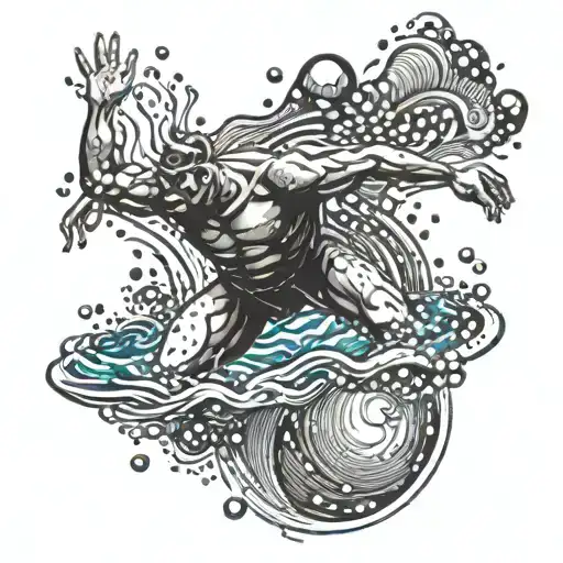 An Intricate Design Of A Swimmer Diving Into A Pool Surrounded By Water Ripples And Bubbles