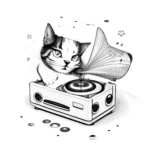 A Cat Curled Up On A Record Player With Musical Notes Floating Around