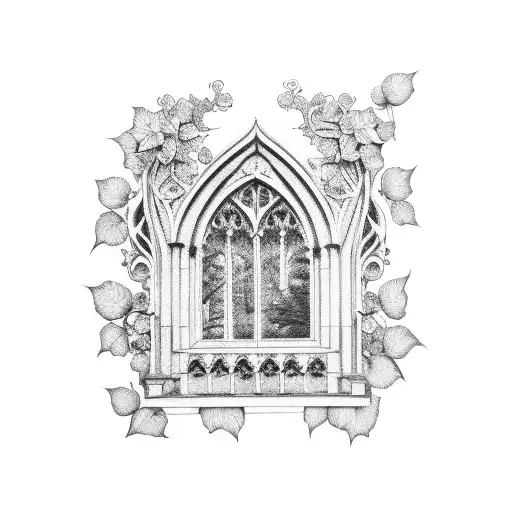 Gothic Window With Ivy And Flowers Tattoo Dot Work Black And White Sketched