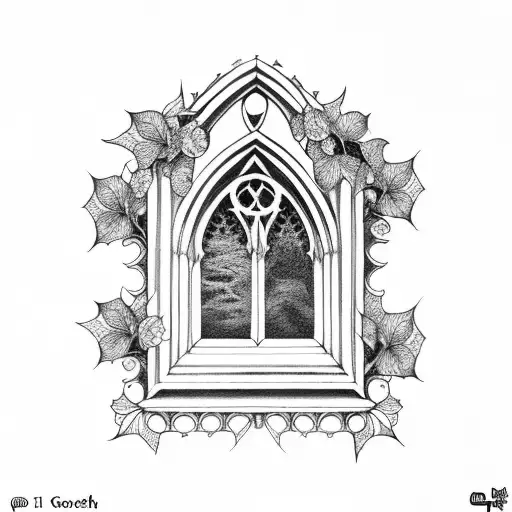 Gothic Window With Ivy And Flowers Tattoo Dot Work Black And White Sketched