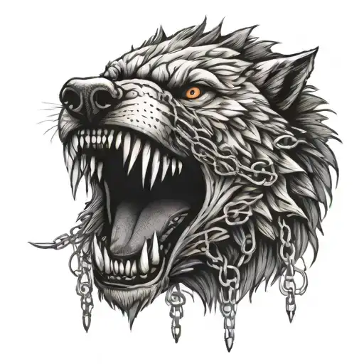 Angry Wolf Head With Chains In Its Mouth Between Teeth