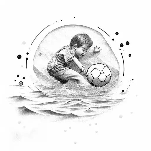 A Child Kicks The Ball In The Water On The Sea