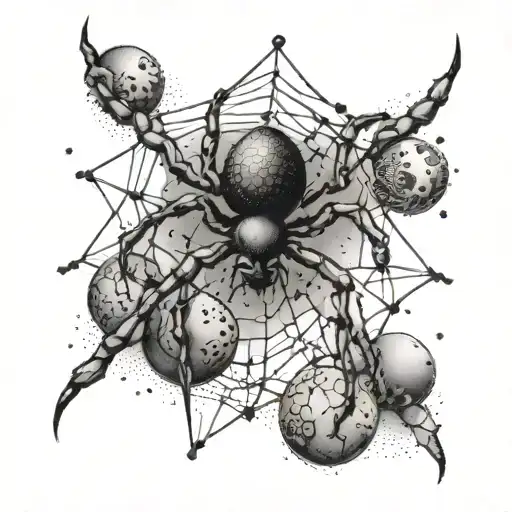 An Intricate Tattoo Of A Spider Weaving A Web With Planets And Stars In The Background