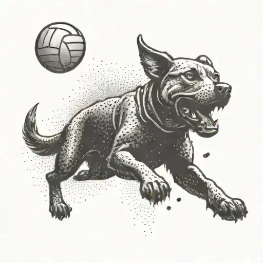 A Dotwork Tattoo Of A Dog Playing Volleyball On A Street Racing Track