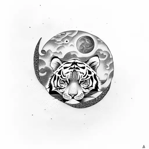 A Sleeping Tiger Curled Up On A Crescent Moon In The Night Sky