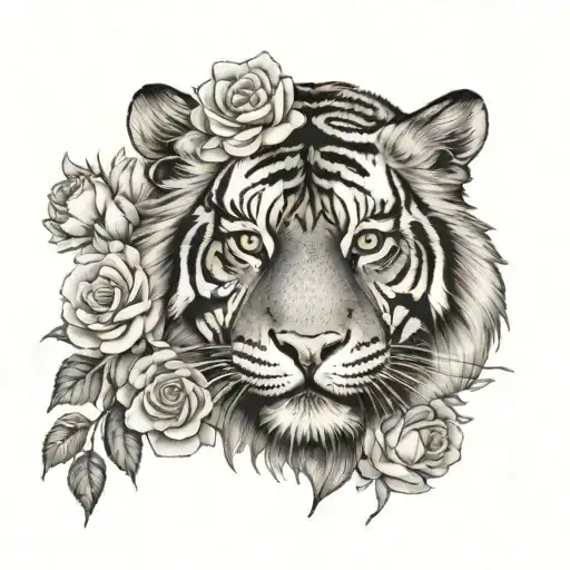 A Tiger Surrounded By A Garden Of Blooming Roses