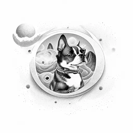 A Dog Exploring A Surreal Space Landscape Filled With Floating Money