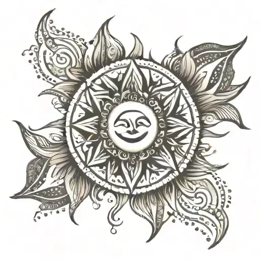 Hippie-inspired Sun Design With Flowing Lines And Symbols Of Freedom