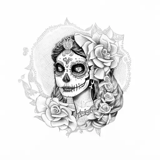 A Dotwork Tattoo Of A La Catrina With Book Pages As Her Flowing Hair