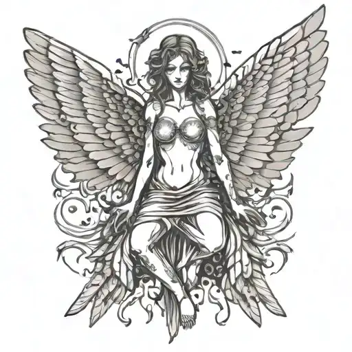 An Angel With Wings Made Of Computer Circuitry Surrounded By A Flock Of Birds In A Dotwork Style