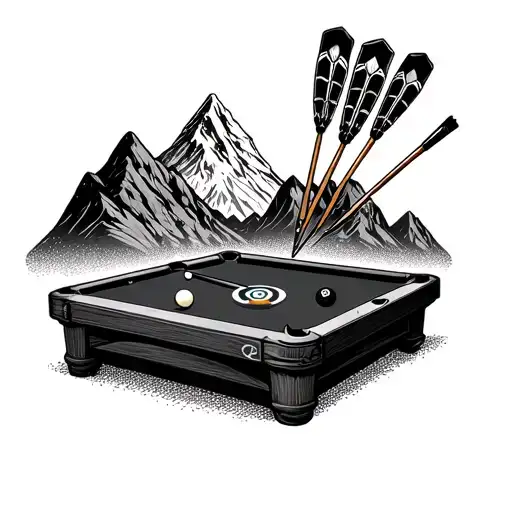 A Billiards Table With Darts Hitting The Bullseye And A Mountain Range In The Background