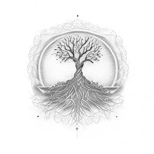 A Dotwork Tattoo Of A Life Tree Intertwined With Guitar Strings
