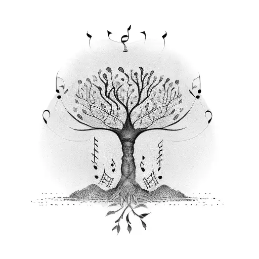A Dotwork Tattoo Of A Life Tree With Musical Notes As Its Leaves