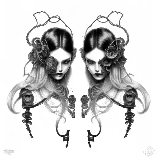 Goth Cyborg Gemini Sisters Hair Tangled Together Wide Composition