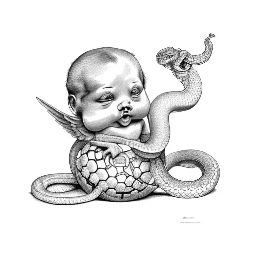 Cherub Sitting On A Ball Holding A Snake