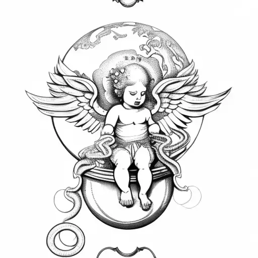 Baroque Cherub Sitting Over A Globe Holding A Snake