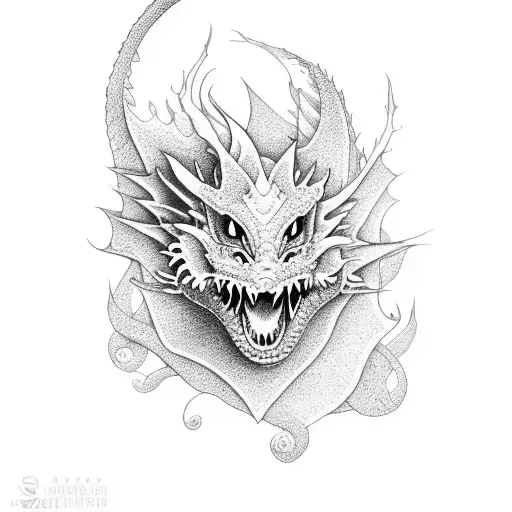 Dragon And Flower In Dotwork Style