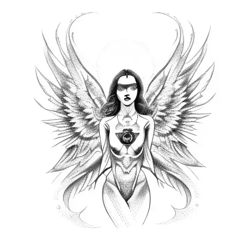 A Dotwork Tattoo Of A Model Holding A Camera With Angel Wings And Bdsm Elements Incorporated