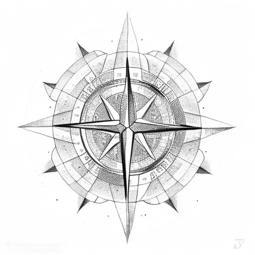 A Dotwork Tattoo Of A Compass Surrounded By Various Types Of Leaves