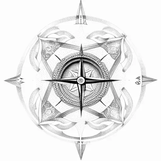 An Intricate Dotwork Design Featuring Various Types Of Trees Intertwined With A Compass
