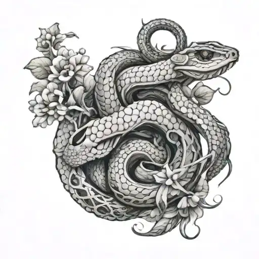 A Biomechanical Snake Intertwined With Anime-inspired Flowers