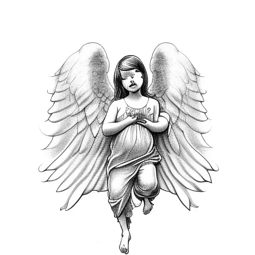 Angel With A Baby In Arm And Pointing Towards Three Dove Flying