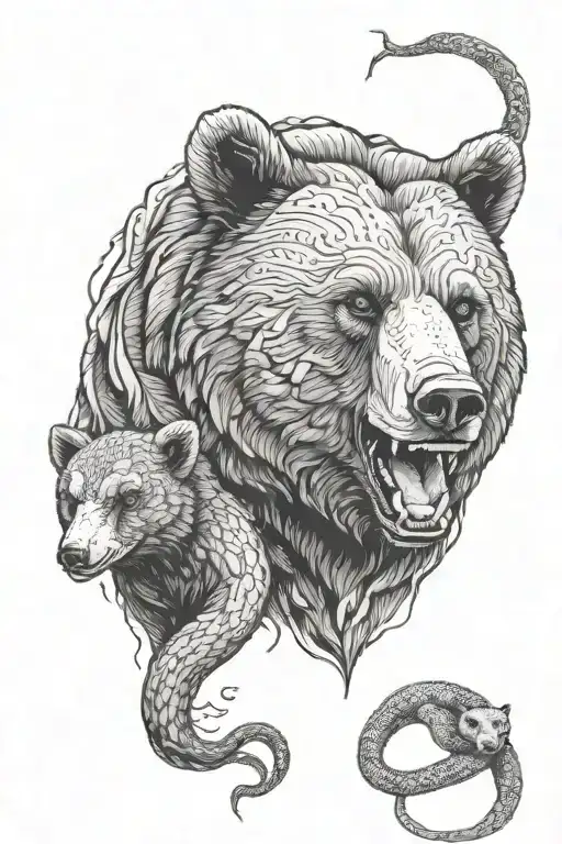 Black Sketch With A Screaming Male Bear And A Small Bear Cub And A Snake