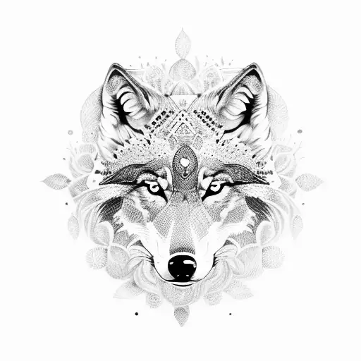 A Dotwork Illustration Of A Wolf In A Mandala Surrounded By Feathers