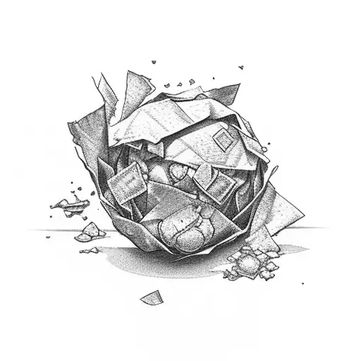 Crumbled Paper Ball Amongst Rubble With Orchid Emerging From The Paper