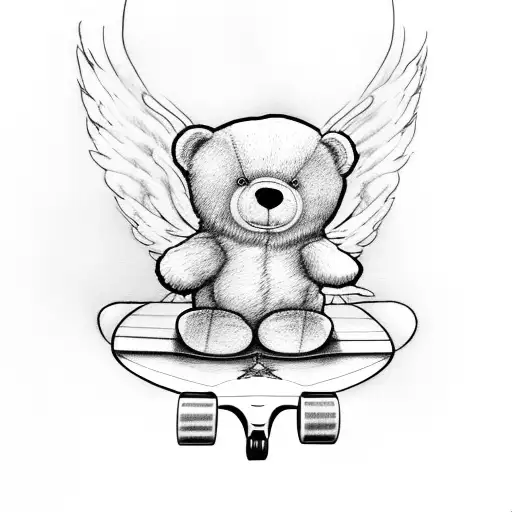 Teddy Bear With Angel Wings Riding A Skateboard