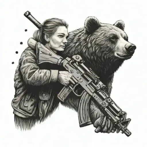 A Slavic Girl Holding An Ak-47 Rifle With A Bear In The Background