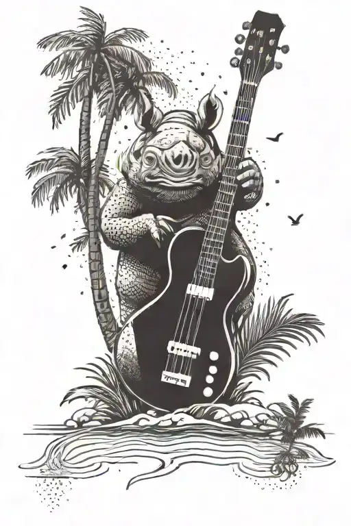A Bass Guitar Being Played By A Rhino On A Beach With Palm Trees Swaying In The Background