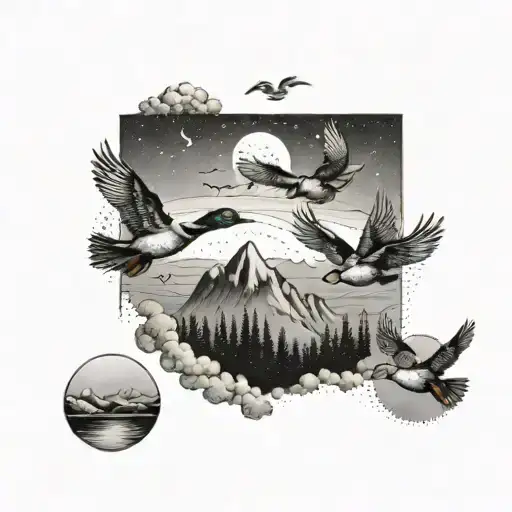 A Tattoo Design Of A Group Of Ducks Flying Over A Mountain Range Tattoo