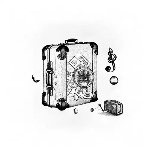A Vintage Suitcase Covered In Travel Stamps And Musical Symbols Tattoo