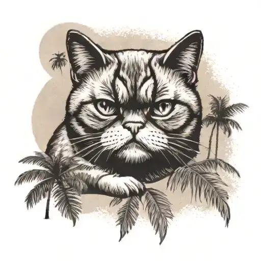 An Exotic Shorthair Cat Lounging On A Sandy Beach With Palm Trees In The Background