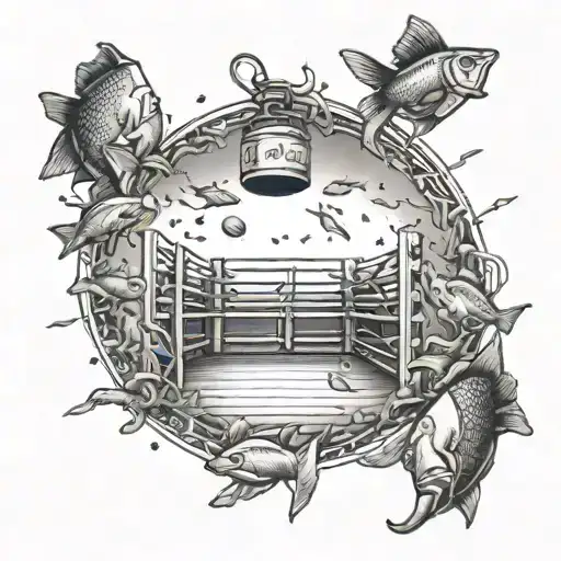 A Unique Tattoo Of A Boxing Ring Surrounded By Schools Of Fish
