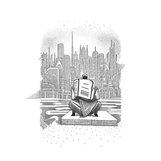 A Dystopian Cityscape With A Silhouette Of A Person Reading A Book In The Foreground