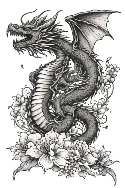 Dragon With Sakura Petals Under The Night Sky