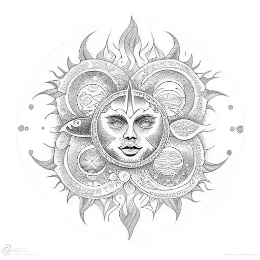 A Dotwork Tattoo Of A Sun And Moon Merging Together With Intricate Floral Patterns