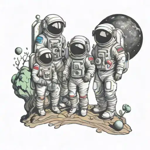 A Family Of Astronauts Exploring A Colorful Alien Planet