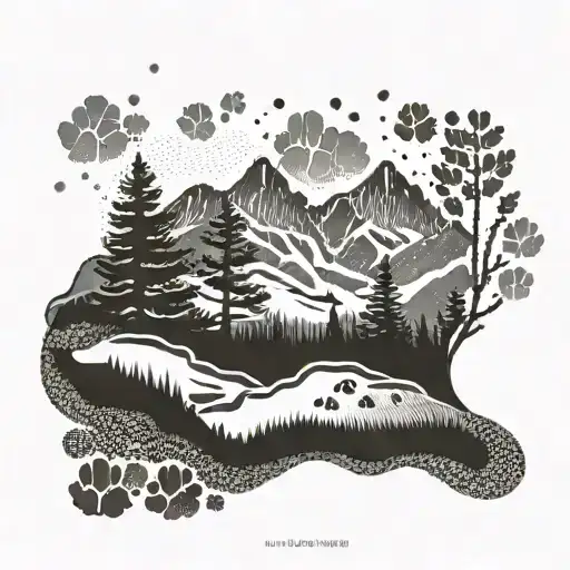 Dotwork Pattern Of Paw Prints Leading Up A Mountain Path With A Subtle Equation Hidden Within