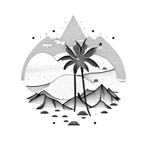 A Dotwork Tattoo Of A Mountain Range With A Palm Tree Silhouette In The Foreground