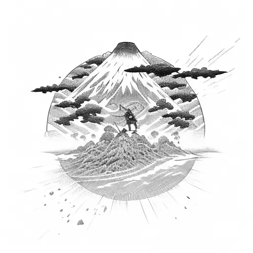 Samurai Attacking A Giant In A Beach Shore With A Vulcano Exploinding In The Background