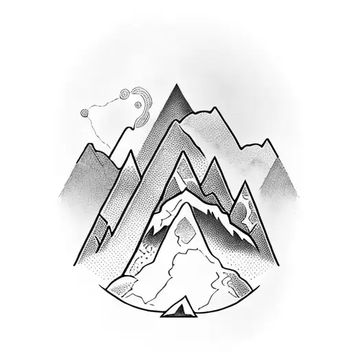 A Dotwork Tattoo Featuring A Mountain Landscape With A Gamer Character Conquering The Peaks